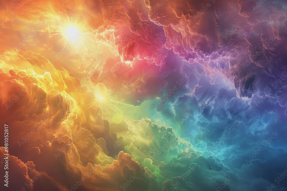 Colorful rainbow clouds with the sun shining in the background. Clouds form abstract shapes. Colorful rainbow clouds with the sun shining in the background. Clouds form abstract shapes.