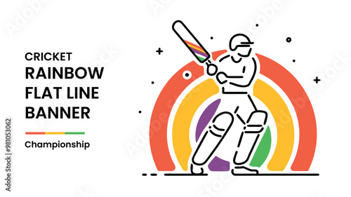 Cricket rainbow flat line banner batsman championship vector illustration
