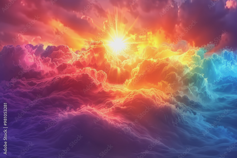 Colorful rainbow clouds with the sun shining in the background. Clouds form abstract shapes. Colorful rainbow clouds with the sun shining in the background. Clouds form abstract shapes.