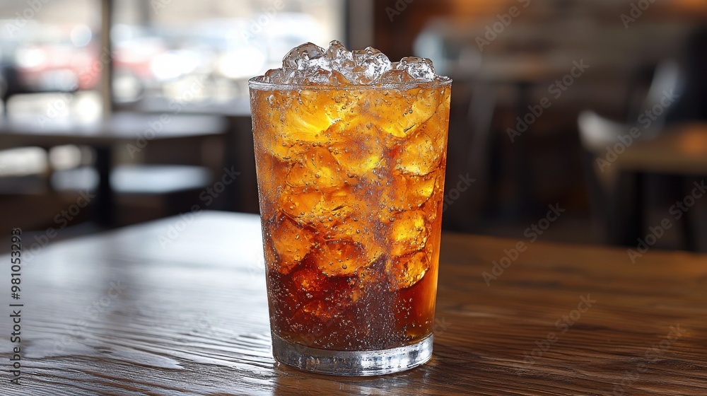 Refreshing carbonated drink served in a clear glass filled with ice cubes on a wooden table in a cozy café setting Refreshing carbonated drink served in a clear glass filled with ice cubes on a wooden table in a cozy café setting