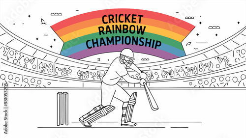 Cricket rainbow flat line banner batsman championship vector illustration