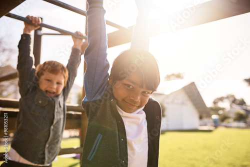 Photography Children, portrait and swing on monkey bars, playing together and friends at park for fun