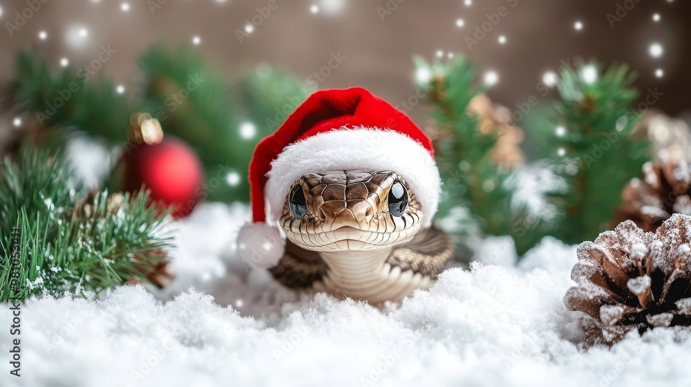 Adorable Snake With Santa Hat in Winter Wonderland, Celebrating The Year of the Snake 2025. Adorable Snake With Santa Hat in Winter Wonderland, Celebrating The Year of the Snake 2025.