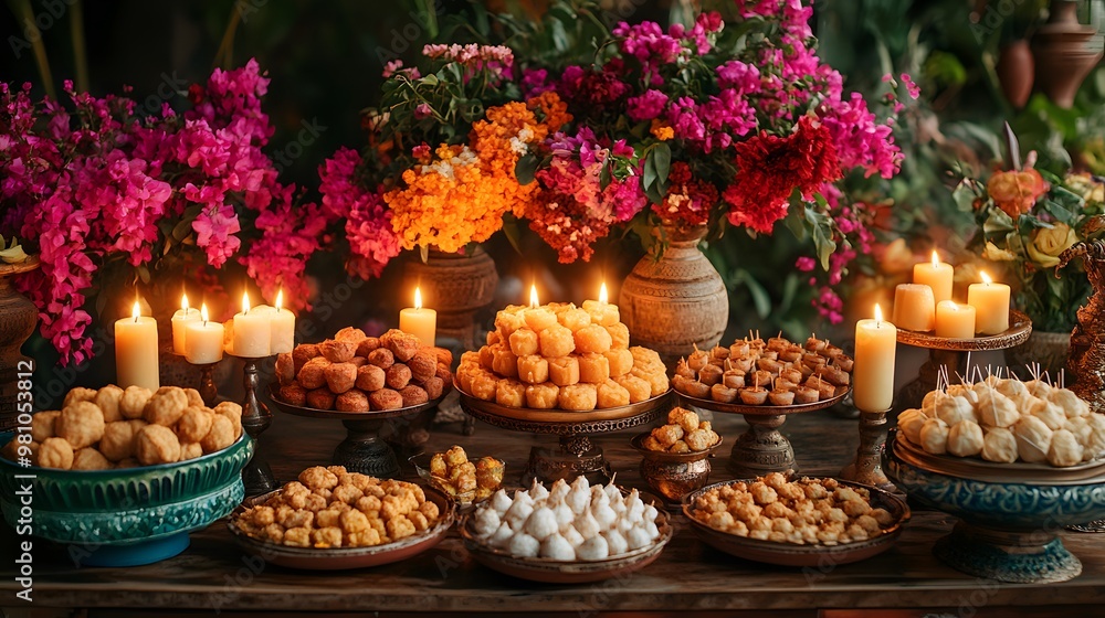 A festive Diwali table adorned with lit candles, an assortment of sweets, and fresh flowers, representing the triumph of light and the spirit of kindness. A festive Diwali table adorned with lit candles, an assortment of sweets, and fresh flowers, representing the triumph of light and the spirit of kindness.