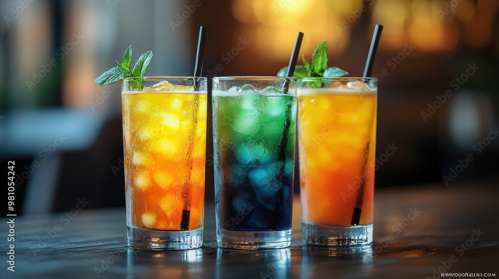 Vibrant cocktails with colorful layers served in tall glasses at a trendy bar setting during evening hours Vibrant cocktails with colorful layers served in tall glasses at a trendy bar setting during evening hours