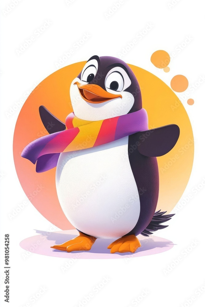 Obraz premium Whimsical Penguin Character with Exaggerated Features and a Colorful Scarf Perfect for Childrens Art Illustrations and Fun Designs