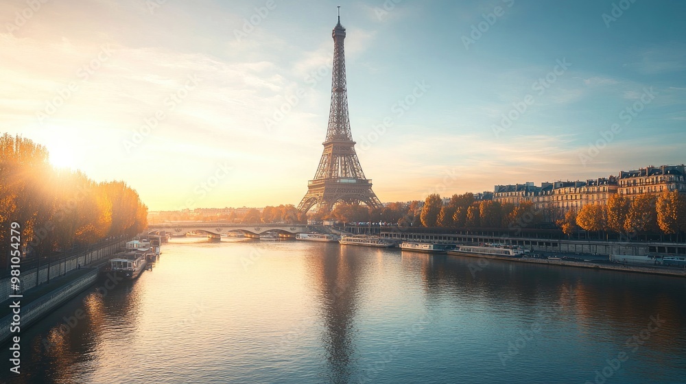 Fototapeta premium Eiffel Tower in Paris, France, on a bright morning with clear skies. 04f5d2df14f5