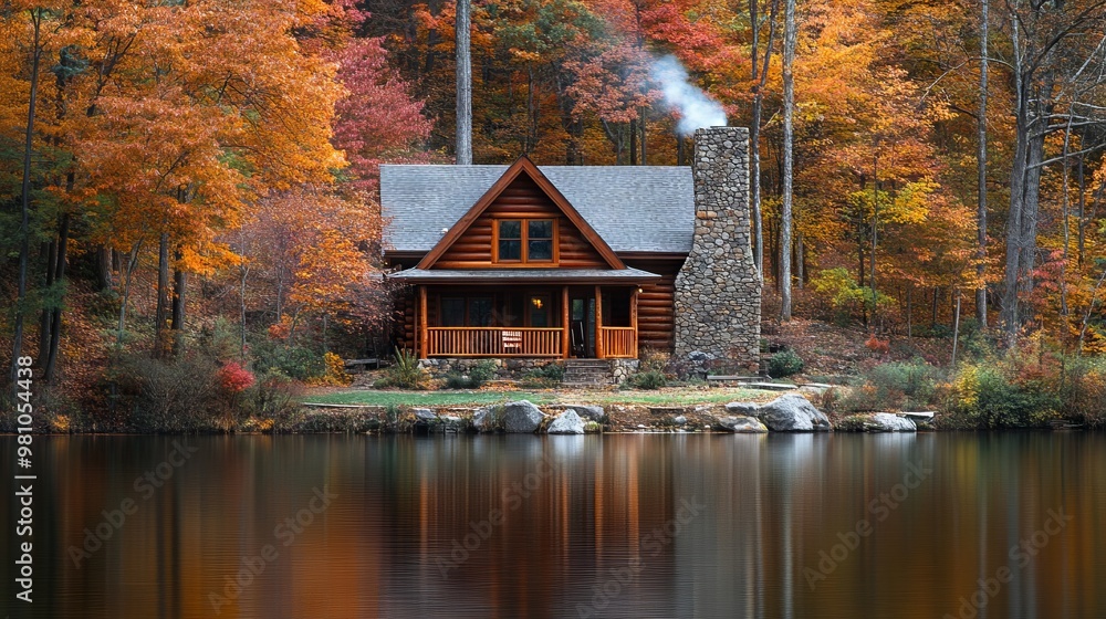 Log Cabin by Calm Lake Surrounded by Autumn Foliage -- AI generated illustration Log Cabin by Calm Lake Surrounded by Autumn Foliage -- AI generated illustration