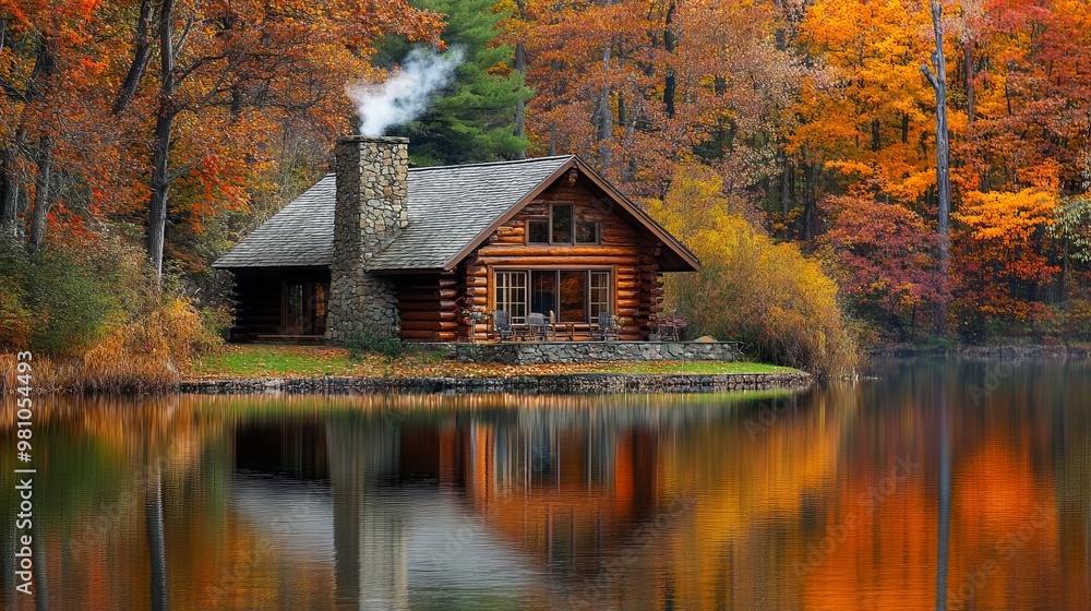 Log Cabin by Calm Lake Surrounded by Autumn Foliage -- AI generated illustration