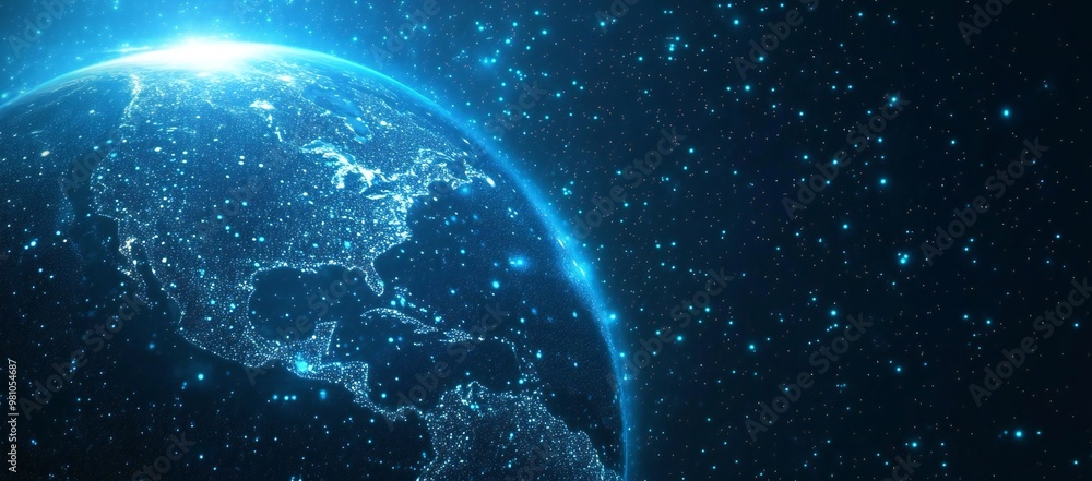 Obraz premium Abstract digital planet Earth with glowing lights, representing cyber technology and global network