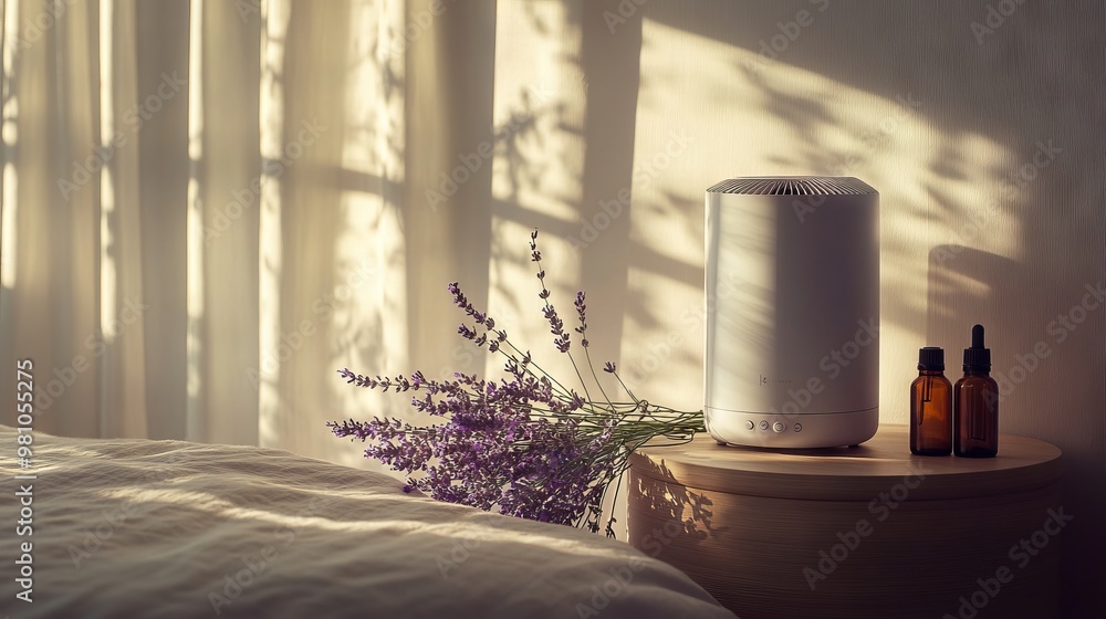 Minimalist Bedside Table with Air Purifier and Lavender Flowers in Morning Light, AI generated illustration Minimalist Bedside Table with Air Purifier and Lavender Flowers in Morning Light, AI generated illustration