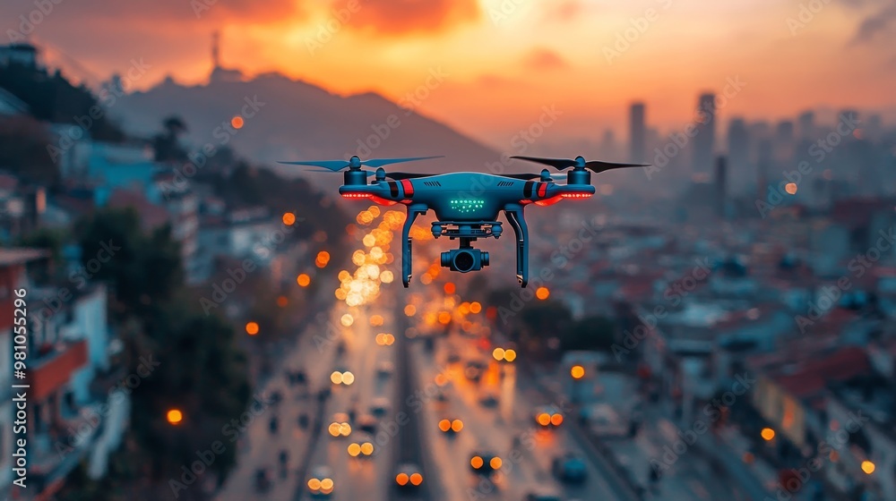 Drones navigating a smart city at sunset with advanced AI technology in action Drones navigating a smart city at sunset with advanced AI technology in action