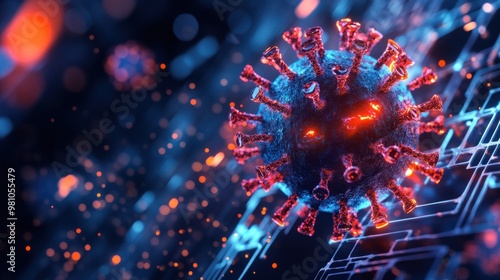 A model of a virus cell with glowing spikes, representing a dangerous strain in a digital environment. photo