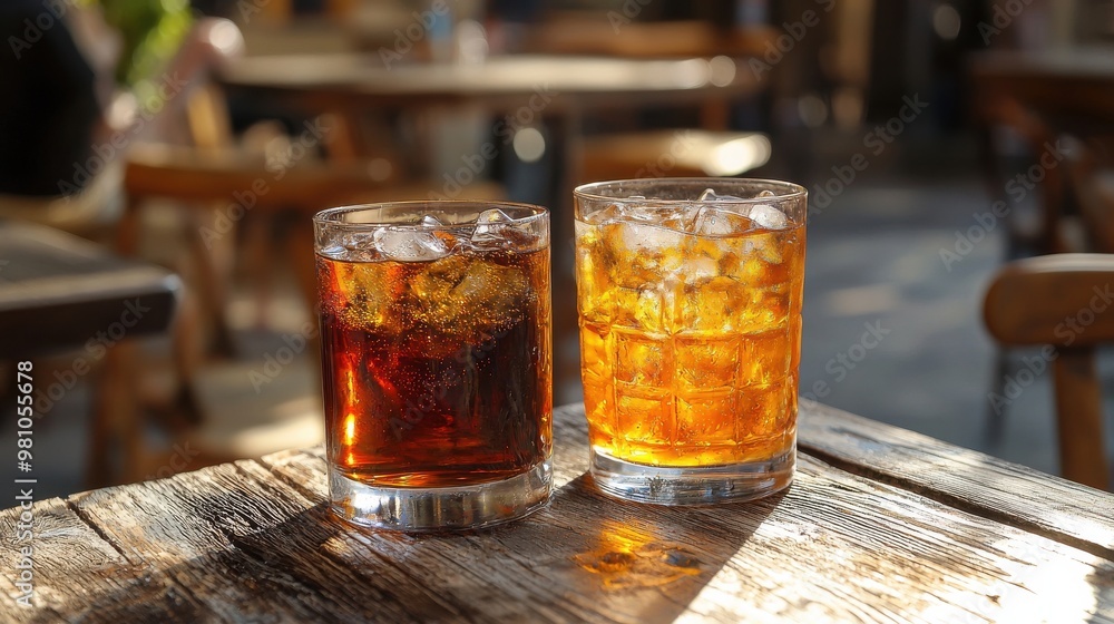 Two refreshing iced beverages on a rustic wooden table in a cozy cafe setting during the warm afternoon sunlight Two refreshing iced beverages on a rustic wooden table in a cozy cafe setting during the warm afternoon sunlight
