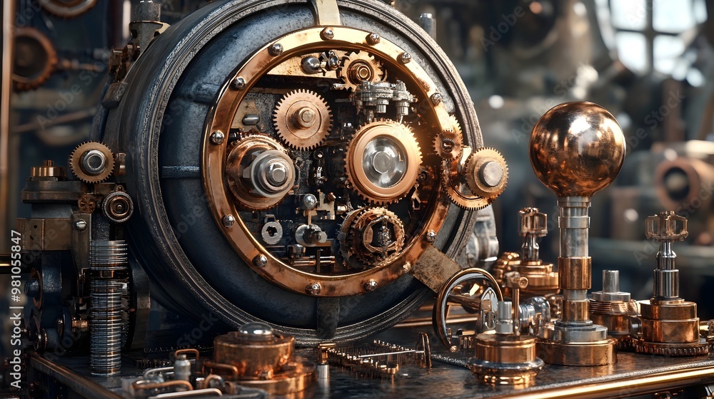 Intricate Mechanical Widgets and Gleaming Steampunk Inspired Components in an Industrial Workshop Intricate Mechanical Widgets and Gleaming Steampunk Inspired Components in an Industrial Workshop