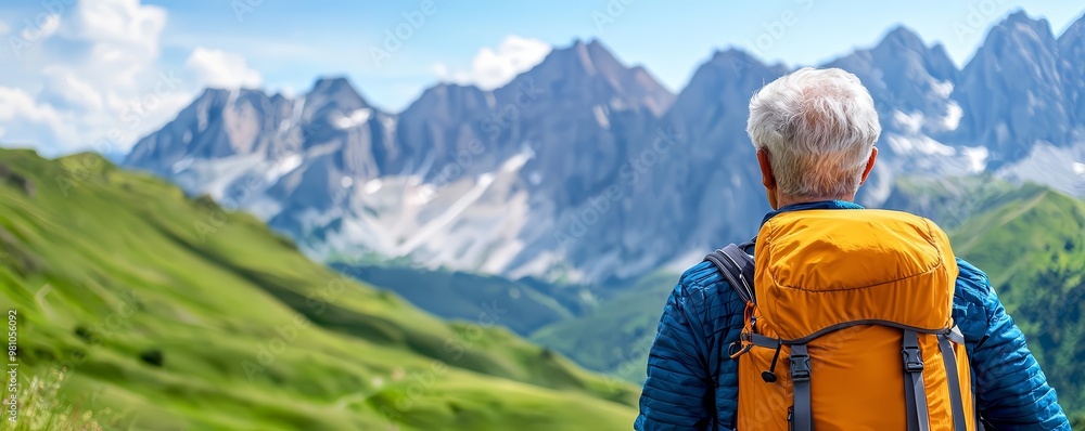 Naklejka premium Older hiker on a mountain trail, looking up at towering peaks, conveying a sense of wonder and active exploration