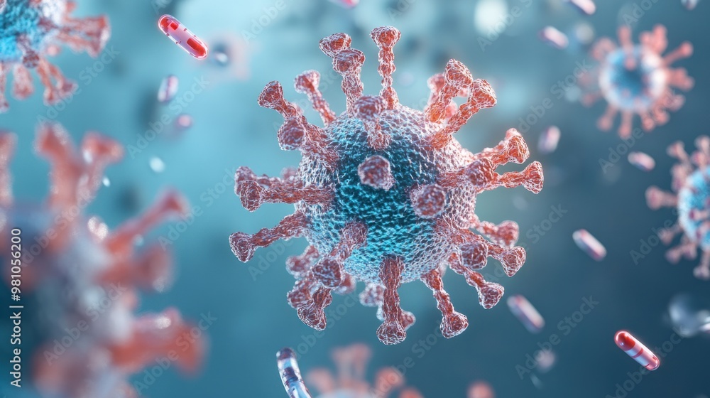 A 3D rendering of a virus particle surrounded by antibodies, symbolizing the immune system fighting infection. A 3D rendering of a virus particle surrounded by antibodies, symbolizing the immune system fighting infection.