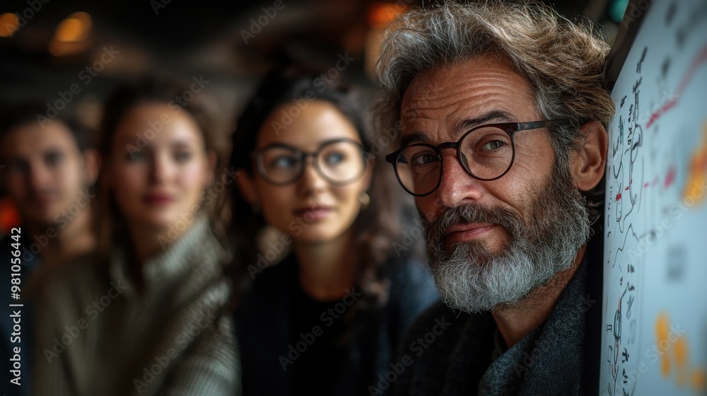 Focused Leadership: A mature, experienced man with a salt-and-pepper beard gazes intently at the camera, surrounded by a team of younger colleagues. He embodies wisdom, confidence, and strategic think Focused Leadership: A mature, experienced man with a salt-and-pepper beard gazes intently at the camera, surrounded by a team of younger colleagues. He embodies wisdom, confidence, and strategic think
