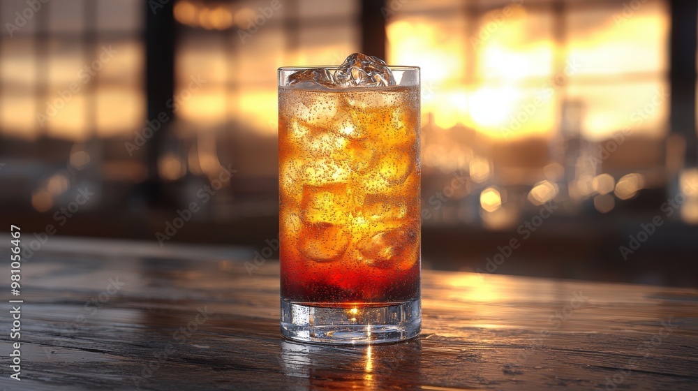 A refreshing layered cocktail in a glass with ice against a warm sunset backdrop in a cozy bar setting A refreshing layered cocktail in a glass with ice against a warm sunset backdrop in a cozy bar setting