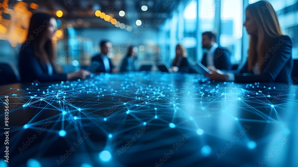 A closeup of business professionals in a lively roundtable discussion, with a blurred abstract network pattern in the background, suggesting digital collaboration.
