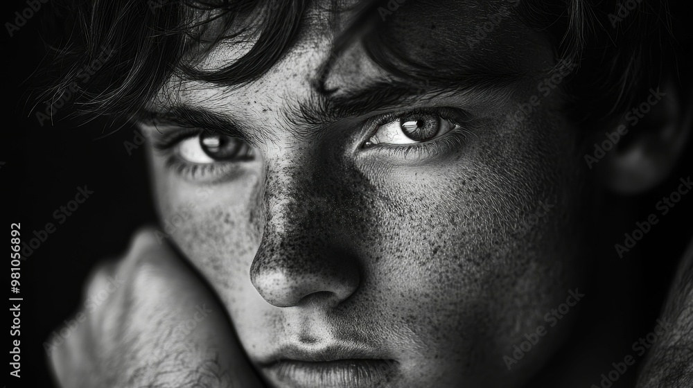 The pensive, introspective gaze of an individual navigating a period of transition or self-discovery The pensive, introspective gaze of an individual navigating a period of transition or self-discovery