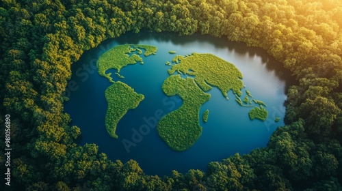 Aerial View of World Map Shaped Lake in Forest