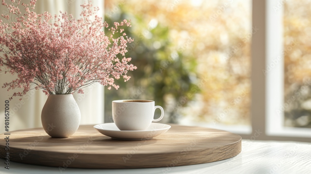 Morning Coffee with Pink Flowers and Wooden Tray on White Table Morning Coffee with Pink Flowers and Wooden Tray on White Table