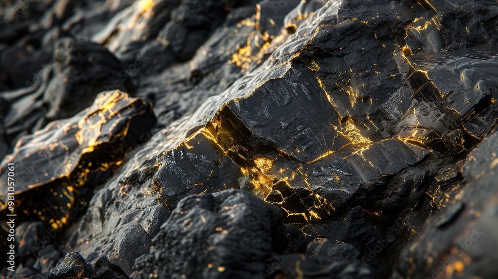 striking appearance of gold ore with its golden inclusions set against dark rock. striking appearance of gold ore with its golden inclusions set against dark rock.