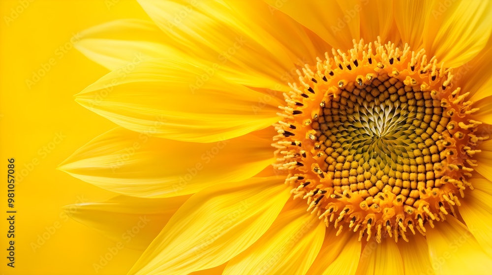Obraz premium Macro shot of a sunflower's vibrant center, focusing on the detailed spiral pattern of the seeds, contrasted against the soft yellow petals
