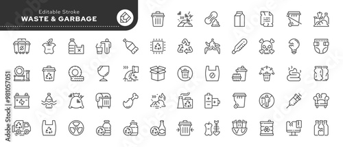 Waste and garbage line icon set. Waste sorting, recycling, plastic, glass, pollution and more. Outline icon in linear style. Vector collection.