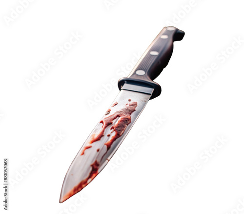 Bloody knife with dark handle on transparent background