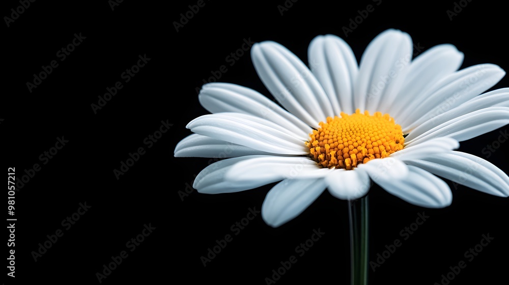 Macro shot of a white daisy with crisp white petals and a bright yellow center, set against a deep black backgroundClean and minimalist, perfect for wellness designs Macro shot of a white daisy with crisp white petals and a bright yellow center, set against a deep black backgroundClean and minimalist, perfect for wellness designs