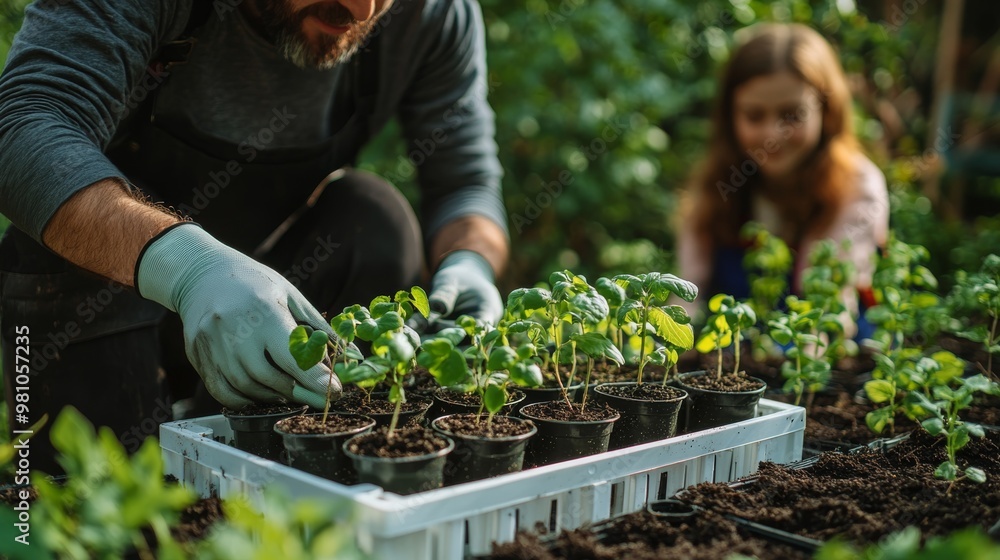 Fototapeta premium Man Planting Seedlings in Garden with Woman in Background