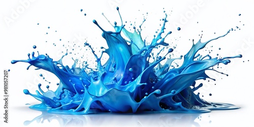 Vibrant blue paint splatters and droplets scatter across a clean white background, creating a dynamic, abstract, and