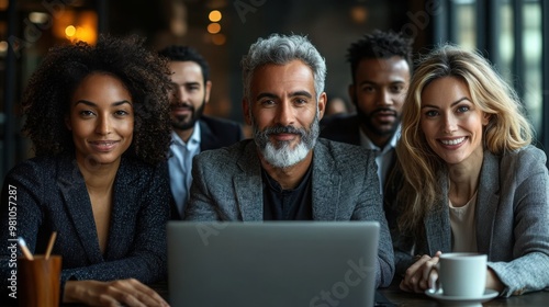 Confident and Connected: A diverse team of professionals huddle around a laptop, radiating success and teamwork in a modern cafe setting. 