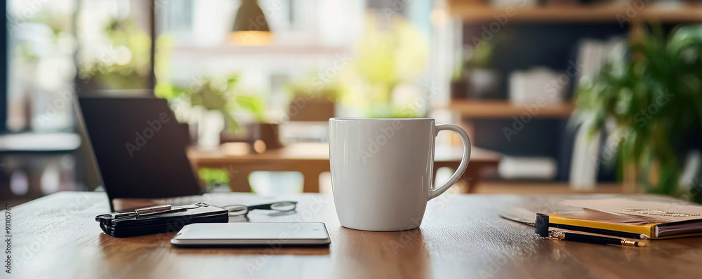 A coffee mug and smartphone placed on a wooden desk, surrounded by a laptop, glasses, and a notebook in a cozy workspace. A coffee mug and smartphone placed on a wooden desk, surrounded by a laptop, glasses, and a notebook in a cozy workspace.