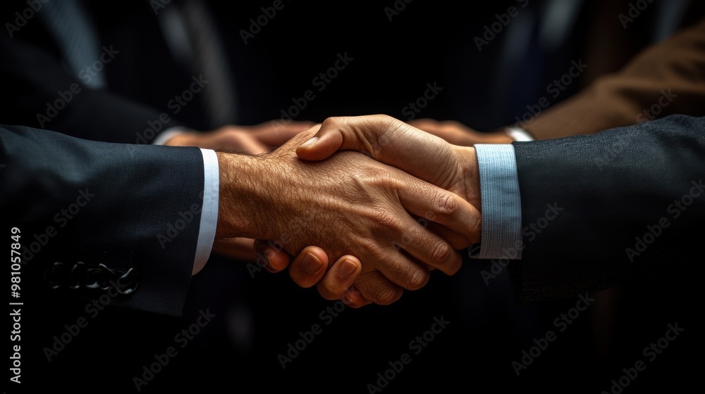The Seal of a New Venture: A powerful handshake seals a business deal, illuminated against a backdrop of suited professionals, symbolizing trust, partnership, and success. The Seal of a New Venture: A powerful handshake seals a business deal, illuminated against a backdrop of suited professionals, symbolizing trust, partnership, and success.