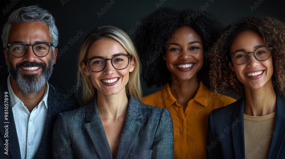 Confident and Diverse Leadership: A portrait of a smiling, multiethnic business team radiating professionalism and success against a dark background. Confident and Diverse Leadership: A portrait of a smiling, multiethnic business team radiating professionalism and success against a dark background.