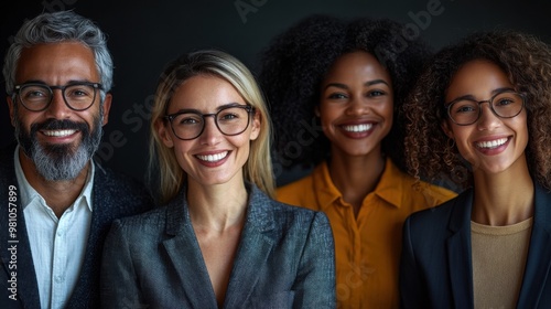 Confident and Diverse Leadership: A portrait of a smiling, multiethnic business team radiating professionalism and success against a dark background.