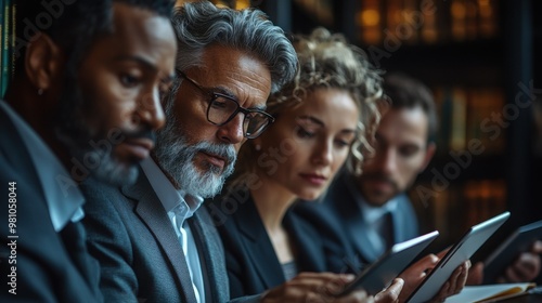 Focused Minds in the Boardroom: A diverse team of business professionals, engrossed in digital tablets, strategize in a sophisticated boardroom setting. 