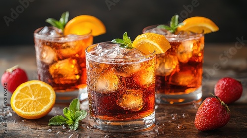 Refreshing summer cocktails with citrus garnishes served on a wooden table decorated with strawberries