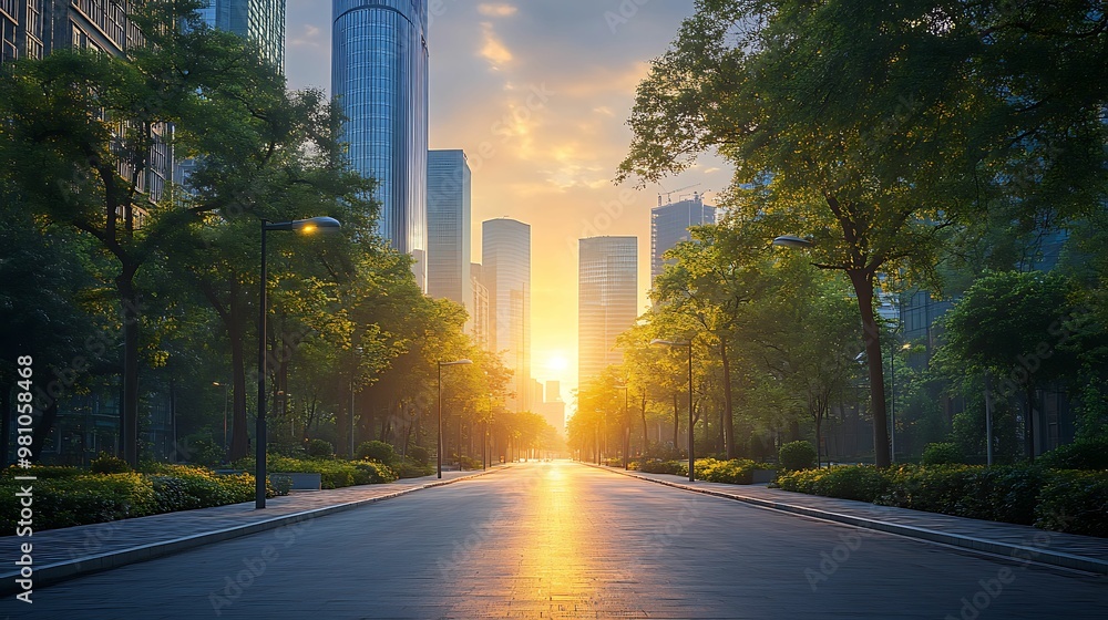 Fototapeta premium A serene urban street lined with trees and modern skyscrapers, illuminated by the warm glow of the sunrise, reflecting sustainable city living.