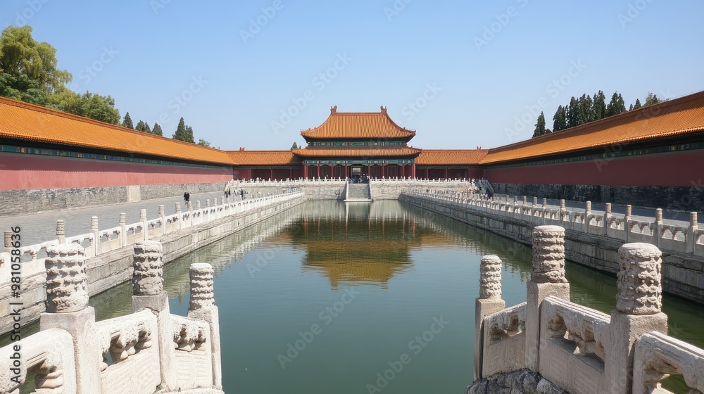 Naklejka premium The Forbidden City in Beijing, China, surrounded by peaceful gardens.