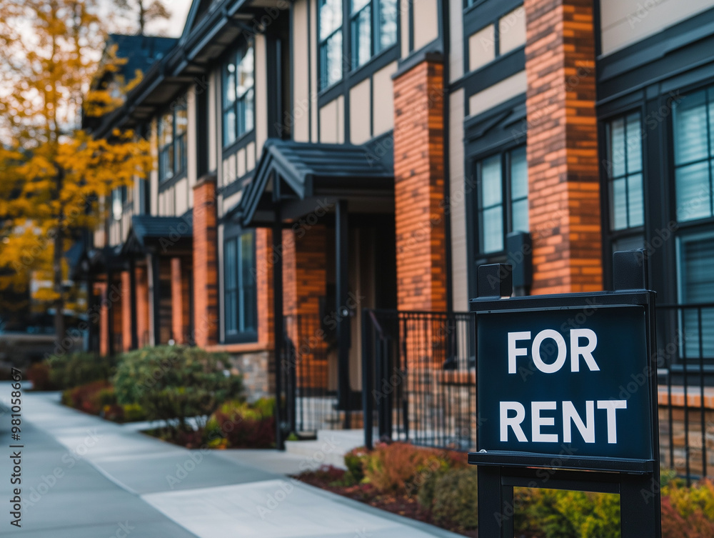 a row of townhouses with a black For Rent sign in front of them a row of townhouses with a black For Rent sign in front of them