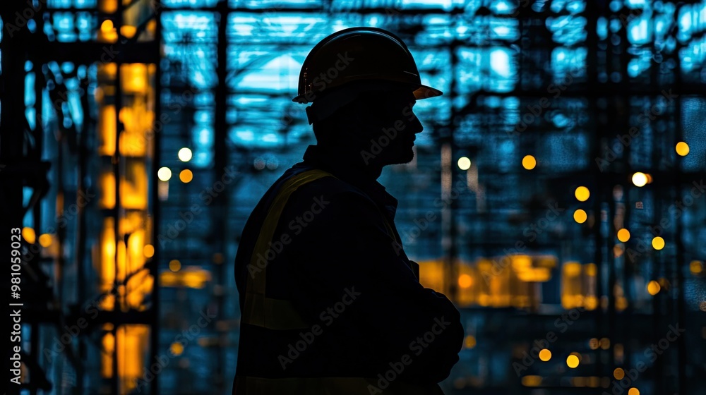 The shadowy figure of a worker in a hard hat, overlaid with machinery and industrial scaffolding. The shadowy figure of a worker in a hard hat, overlaid with machinery and industrial scaffolding.
