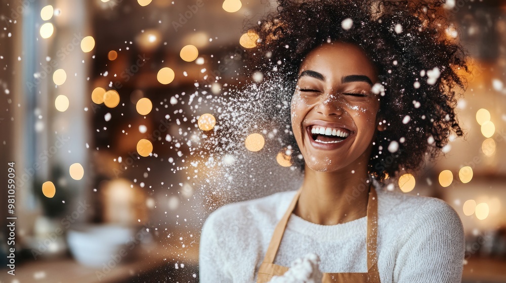 Joyful woman laughing while baking in a festive kitchen with twinkling Christmas lights. Joyful woman laughing while baking in a festive kitchen with twinkling Christmas lights.