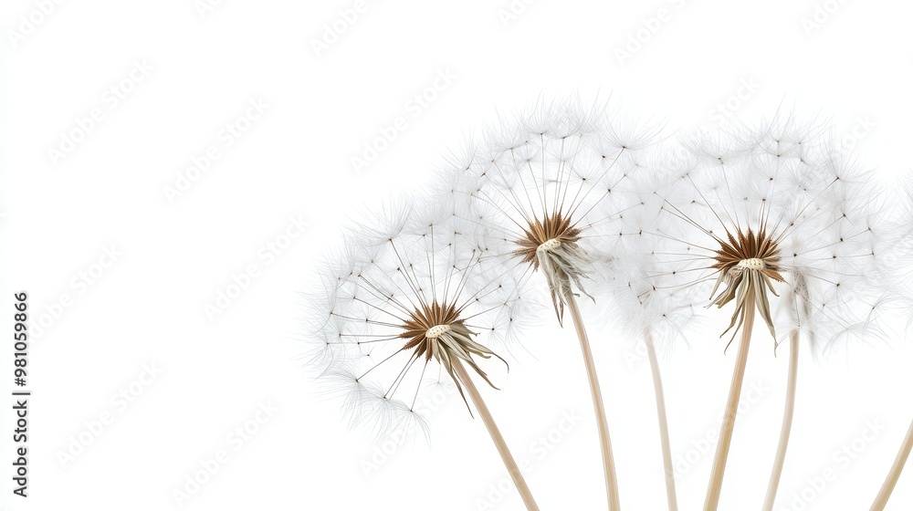 Fine details of dandelion seeds ready to disperse, on a solid white background, single object Fine details of dandelion seeds ready to disperse, on a solid white background, single object