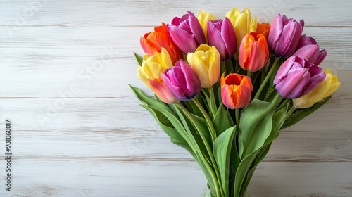 Colorful tulips in a vase shot from above on white wood, fresh spring flowers on solid white background