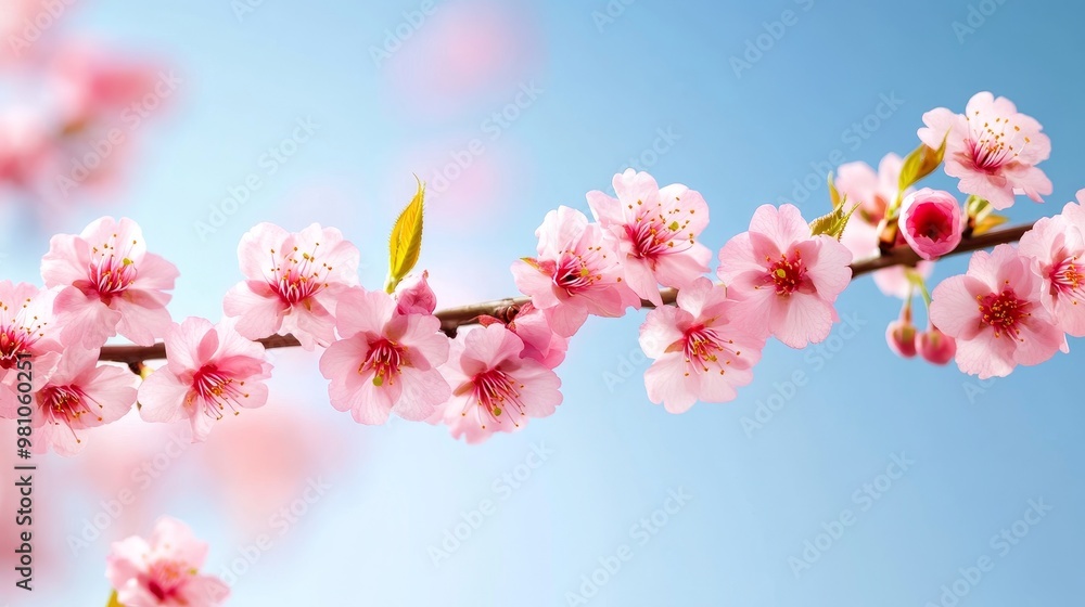 Obraz premium Detailed cherry blossom cluster on a branch, bright blue sky in background, on solid white background, single object