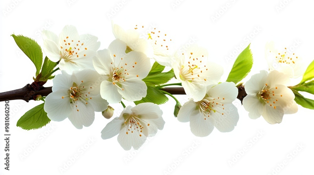 Obraz premium Detailed cherry blossom cluster on a branch, bright blue sky in background, on solid white background, single object